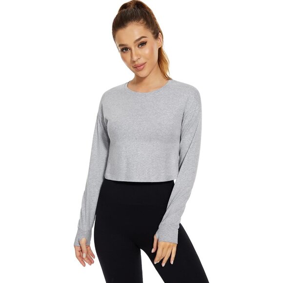 Women’s Long Sleeve Cotton Crop Top With Thumb Hole for Workout and Casual Wear - Picture 2 of 6